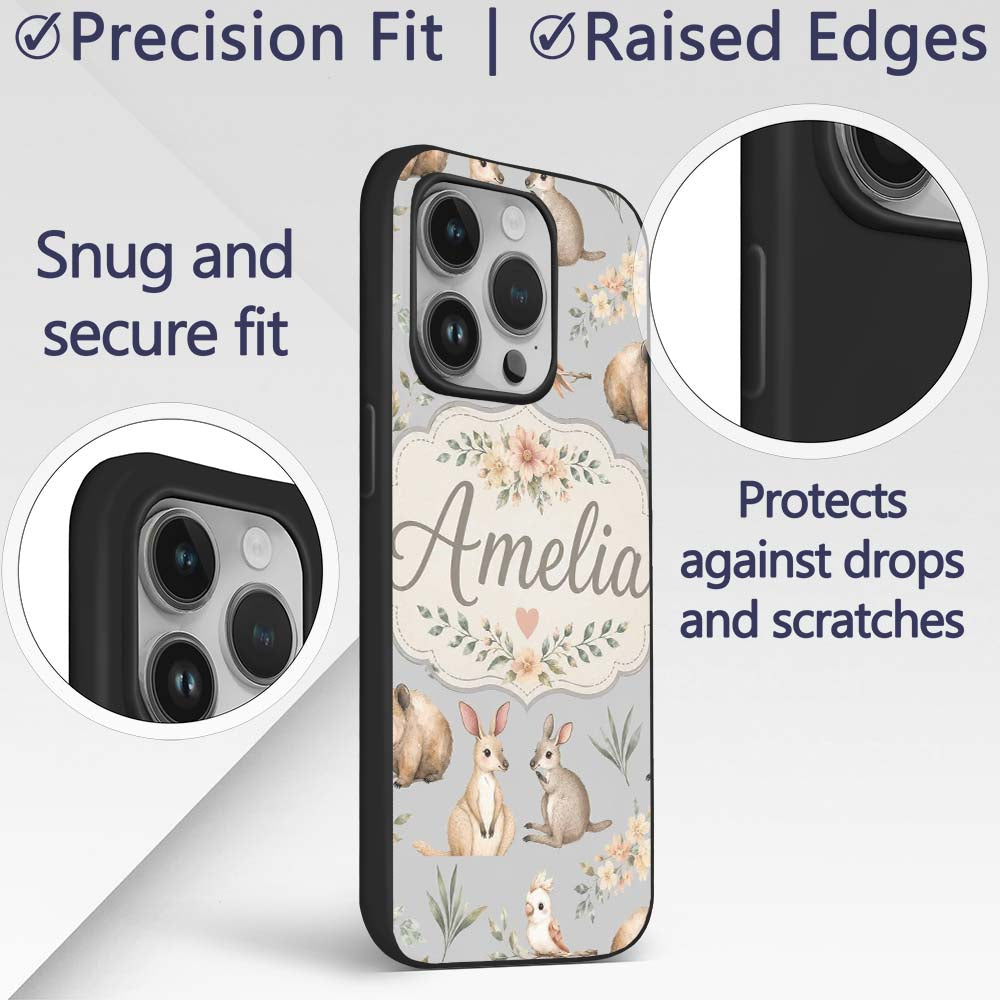Cute Woodland Animals Koala Kangaroo Bear Floral Custom Name Protective Phone Case Mobile Cover Durable Everyday Smartphone Shock Resistant