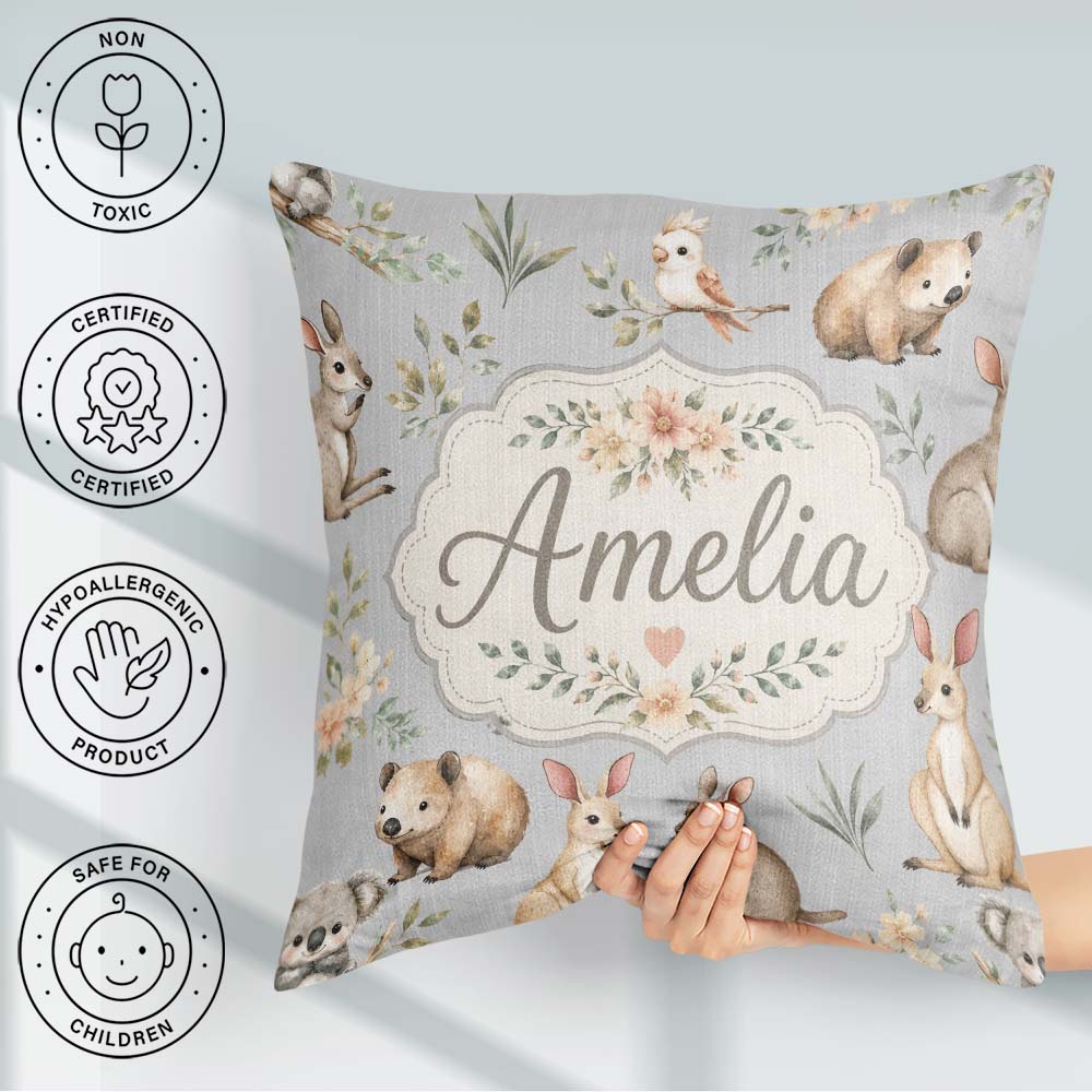Custom Name Cute Woodland Animals Koala Bear Floral Pattern Grey Square Filled Cushion Throw Pillow Sofa Bed Home Decor Zip Washable UK Made