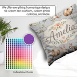 Custom Name Cute Woodland Animals Koala Bear Floral Pattern Grey Square Filled Cushion Throw Pillow Sofa Bed Home Decor Zip Washable UK Made