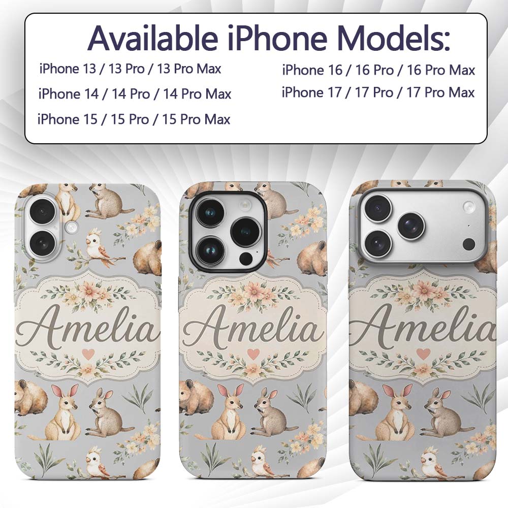 Cute Woodland Animals Koala Kangaroo Bear Floral Custom Name Protective Phone Case Mobile Cover Durable Everyday Smartphone Shock Resistant