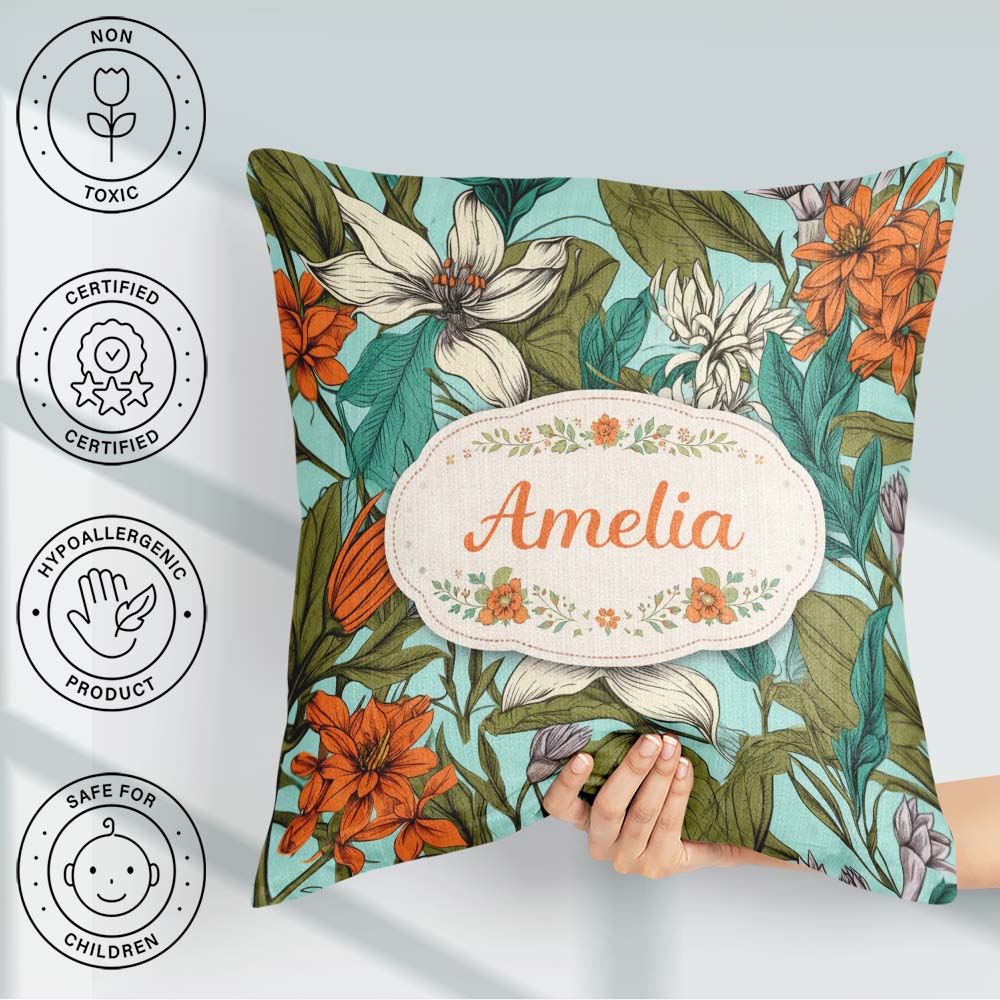 Custom Name Tropical Floral Leaves Blue Seamless Pattern Lovely Square Filled Cushion Throw Pillow Sofa Bed Home Decor Zip Washable UK Made