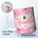 Personalized Custom Name Cute Christmas Tree Gingerbread Cookie Candy Cane Seamless Pattern 11oz Ceramic Coffee Tea Mug White Large Handle