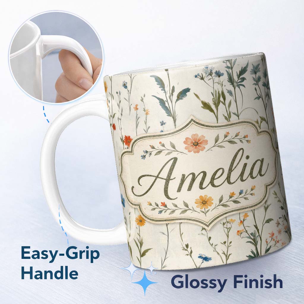 Personalized Custom Name Soft Vintage Botanical Wildflowers on Cream Seamless Pattern Lovely 11oz Ceramic Coffee Tea Mug White Large Handle