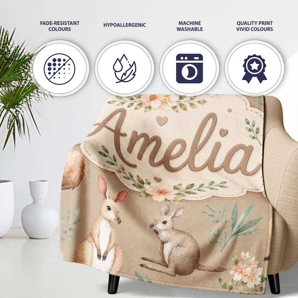 Cute Woodland Animals Koala Kangaroo Bear Floral Pattern Taupe  Personalised Custom Name Super Soft Fleece Blanket Bed Sofa Throw