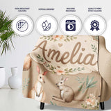 Cute Woodland Animals Koala Kangaroo Bear Floral Pattern Taupe  Personalised Custom Name Super Soft Fleece Blanket Bed Sofa Throw
