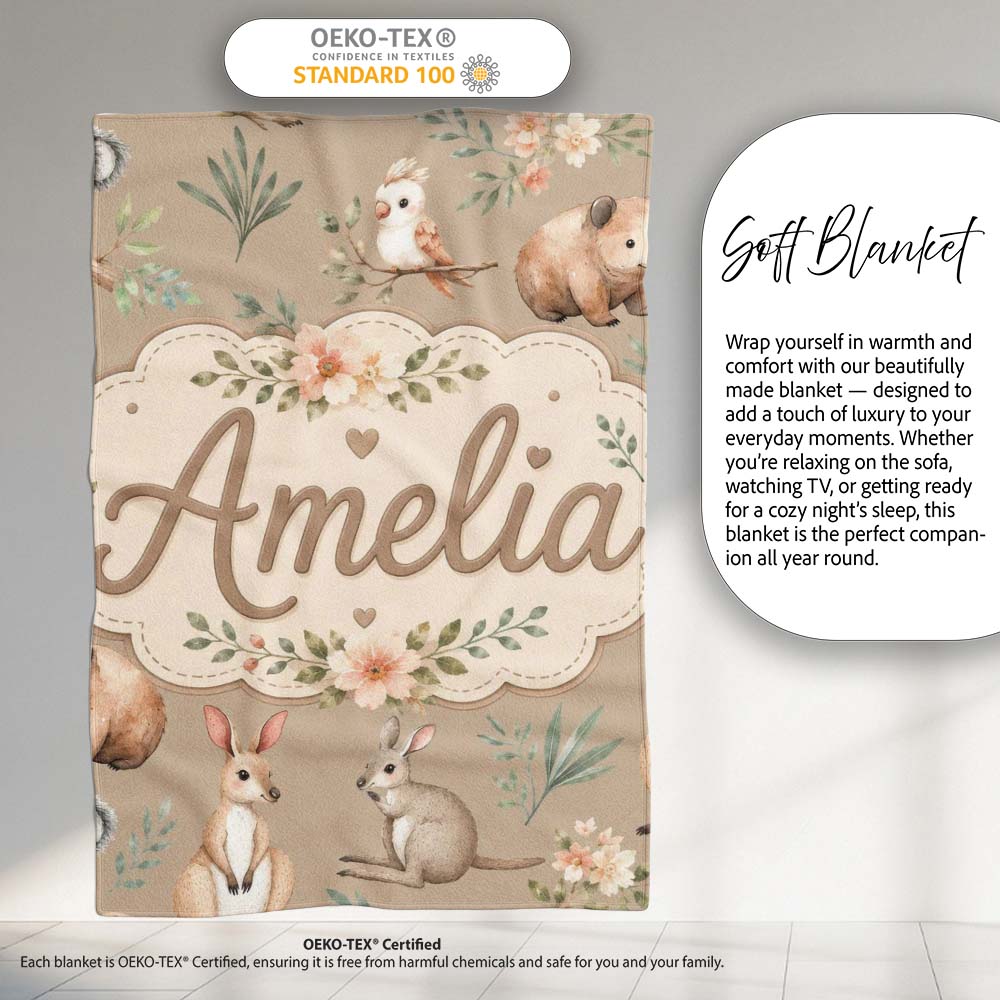 Cute Woodland Animals Koala Kangaroo Bear Floral Pattern Taupe  Personalised Custom Name Super Soft Fleece Blanket Bed Sofa Throw