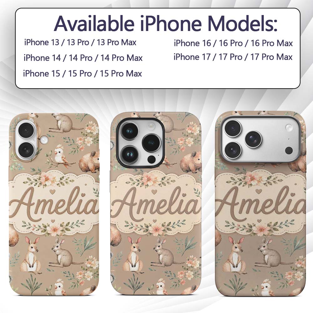 Cute Woodland Animals Koala Kangaroo Bear Floral Custom Name Protective Phone Case Mobile Cover Durable Everyday Smartphone Shock Resistant