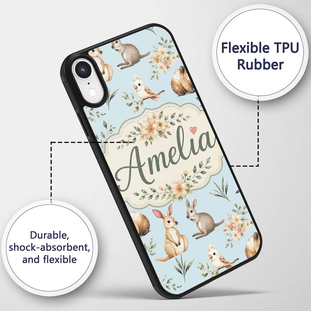Cute Woodland Animals Koala Kangaroo Bear Floral Custom Name Protective Phone Case Mobile Cover Durable Everyday Smartphone Shock Resistant