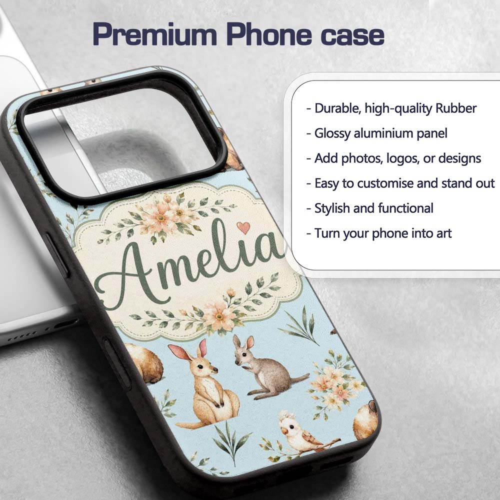 Cute Woodland Animals Koala Kangaroo Bear Floral Custom Name Protective Phone Case Mobile Cover Durable Everyday Smartphone Shock Resistant