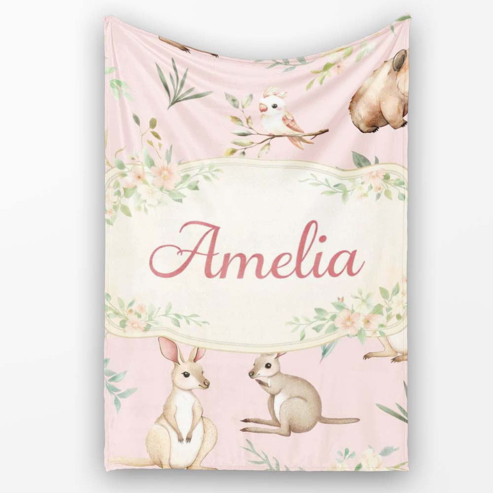 Cute Woodland Animals Koala Kangaroo Bear Floral Pattern Blush Pink  Personalised Custom Name Super Soft Fleece Blanket Bed Sofa Throw