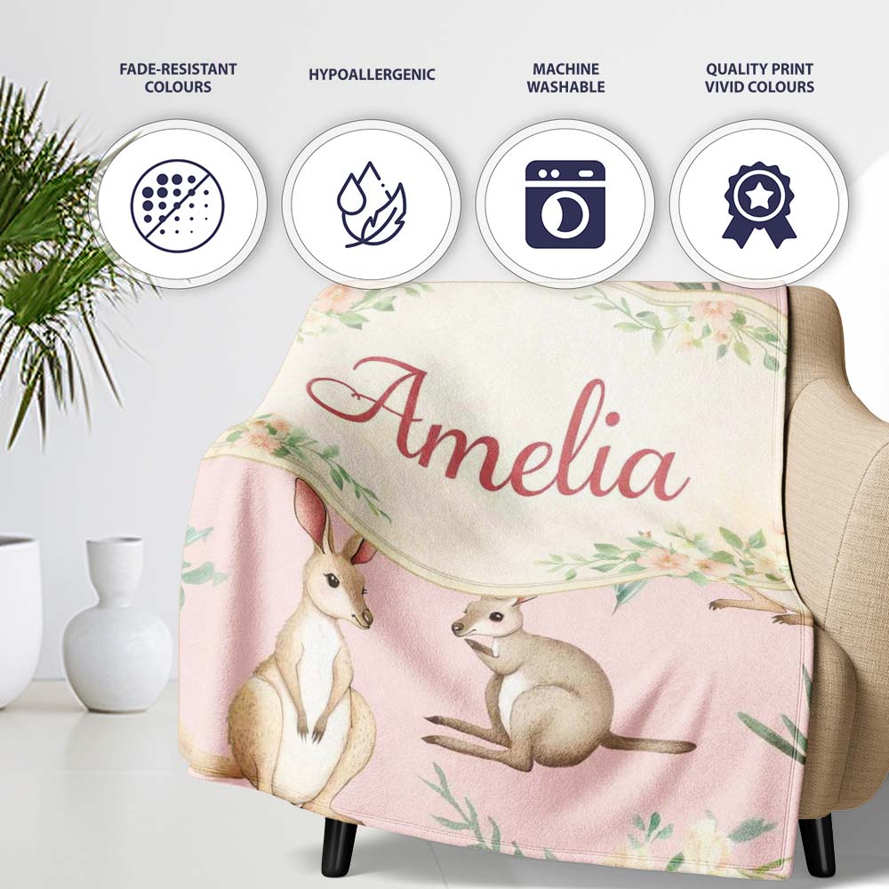 Cute Woodland Animals Koala Kangaroo Bear Floral Pattern Blush Pink  Personalised Custom Name Super Soft Fleece Blanket Bed Sofa Throw