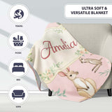 Cute Woodland Animals Koala Kangaroo Bear Floral Pattern Blush Pink  Personalised Custom Name Super Soft Fleece Blanket Bed Sofa Throw