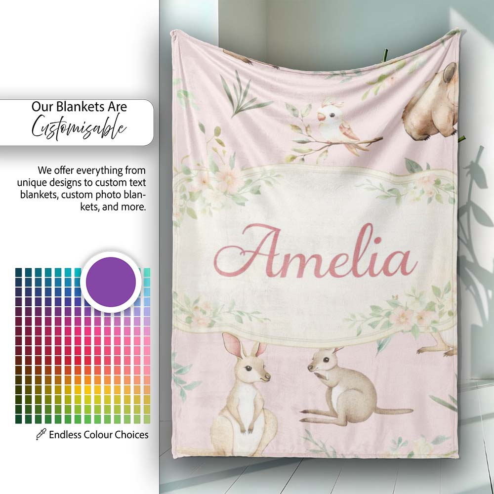 Cute Woodland Animals Koala Kangaroo Bear Floral Pattern Blush Pink  Personalised Custom Name Super Soft Fleece Blanket Bed Sofa Throw