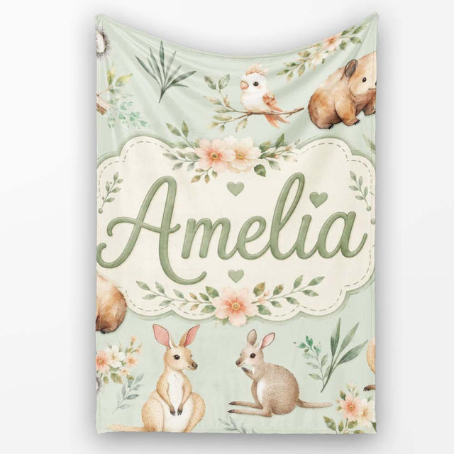 Cute Woodland Animals Koala Kangaroo Bear Floral Pattern Sage Green  Personalised Custom Name Super Soft Fleece Blanket Bed Sofa Throw