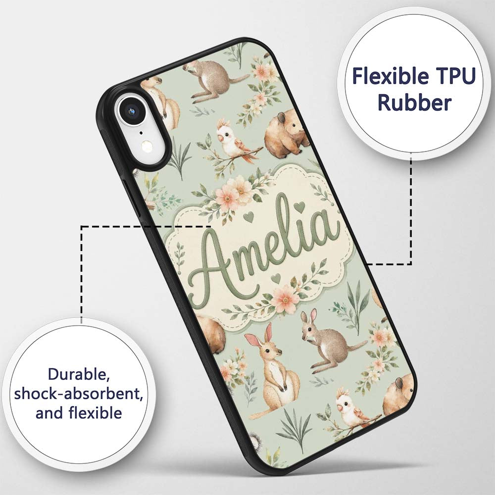 Cute Woodland Animals Koala Kangaroo Bear Floral Custom Name Protective Phone Case Mobile Cover Durable Everyday Smartphone Shock Resistant