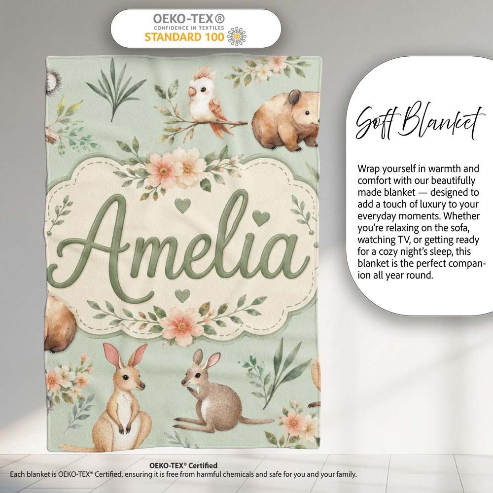 Cute Woodland Animals Koala Kangaroo Bear Floral Pattern Sage Green  Personalised Custom Name Super Soft Fleece Blanket Bed Sofa Throw