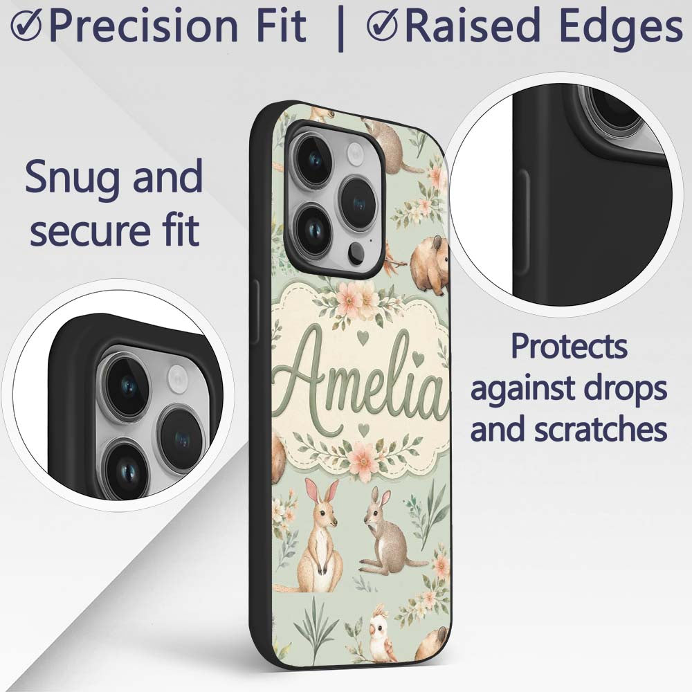 Cute Woodland Animals Koala Kangaroo Bear Floral Custom Name Protective Phone Case Mobile Cover Durable Everyday Smartphone Shock Resistant