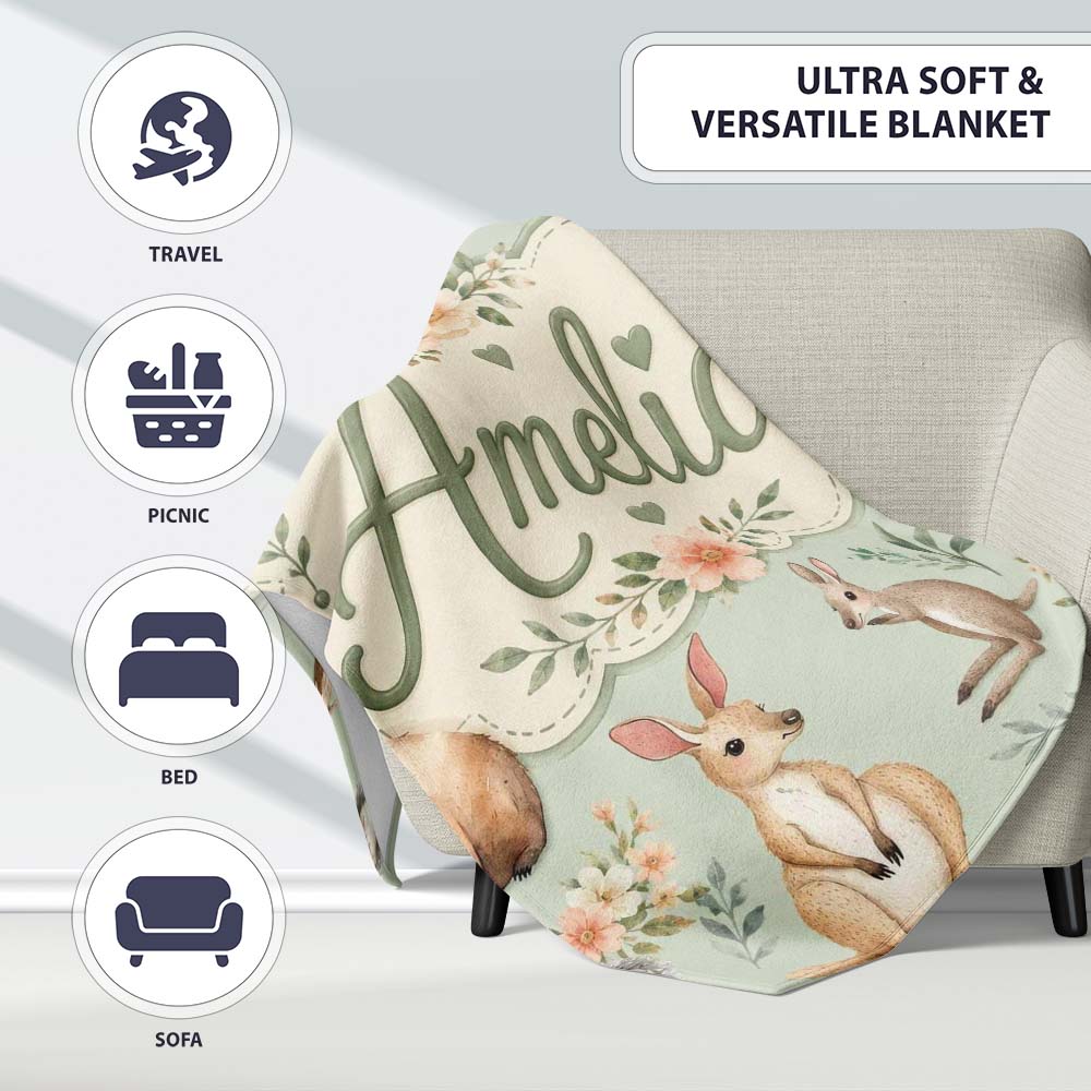 Cute Woodland Animals Koala Kangaroo Bear Floral Pattern Sage Green  Personalised Custom Name Super Soft Fleece Blanket Bed Sofa Throw