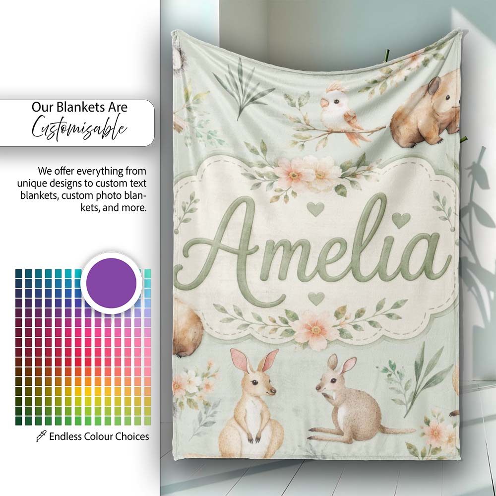 Cute Woodland Animals Koala Kangaroo Bear Floral Pattern Sage Green  Personalised Custom Name Super Soft Fleece Blanket Bed Sofa Throw