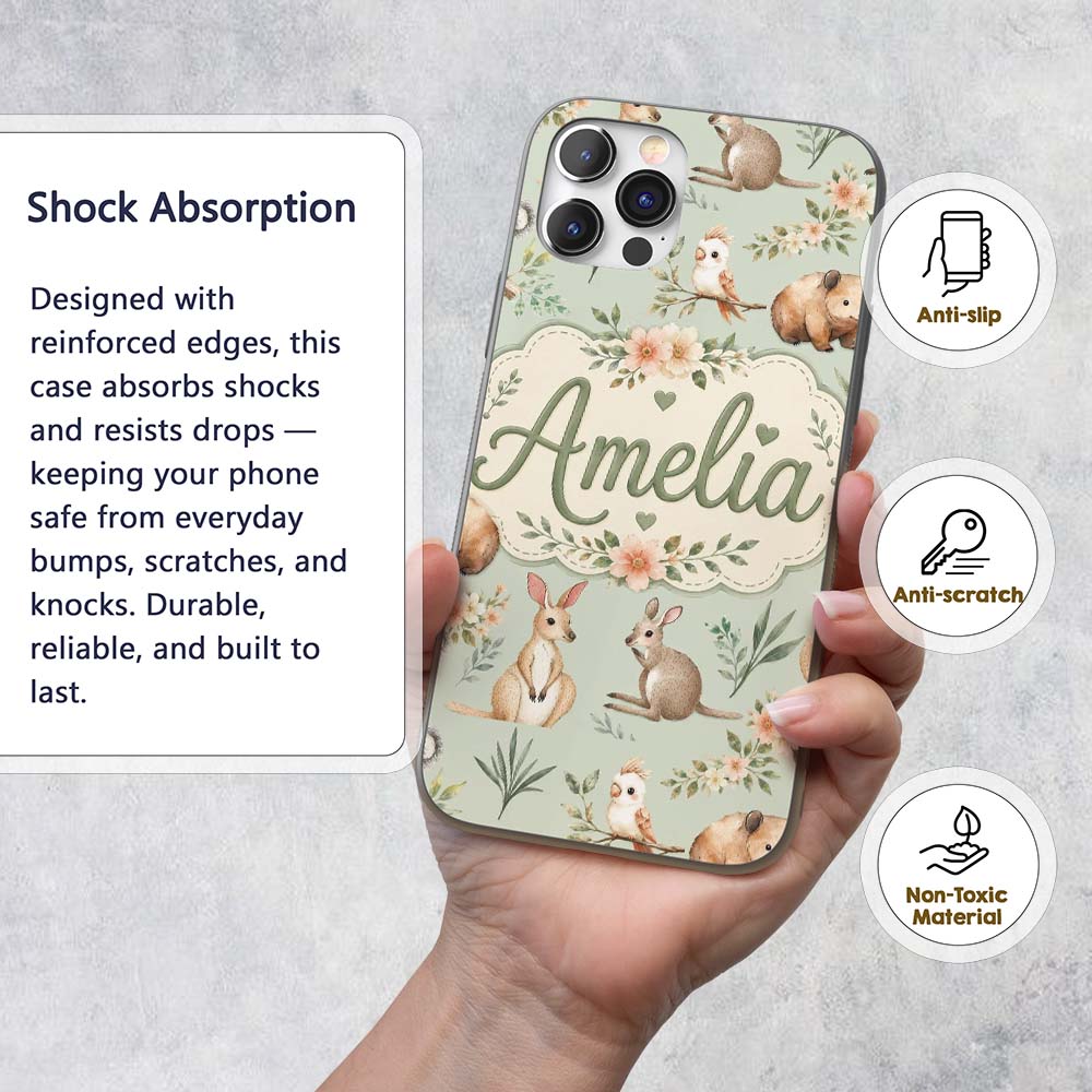 Cute Woodland Animals Koala Kangaroo Bear Floral Custom Name Protective Phone Case Mobile Cover Durable Everyday Smartphone Shock Resistant