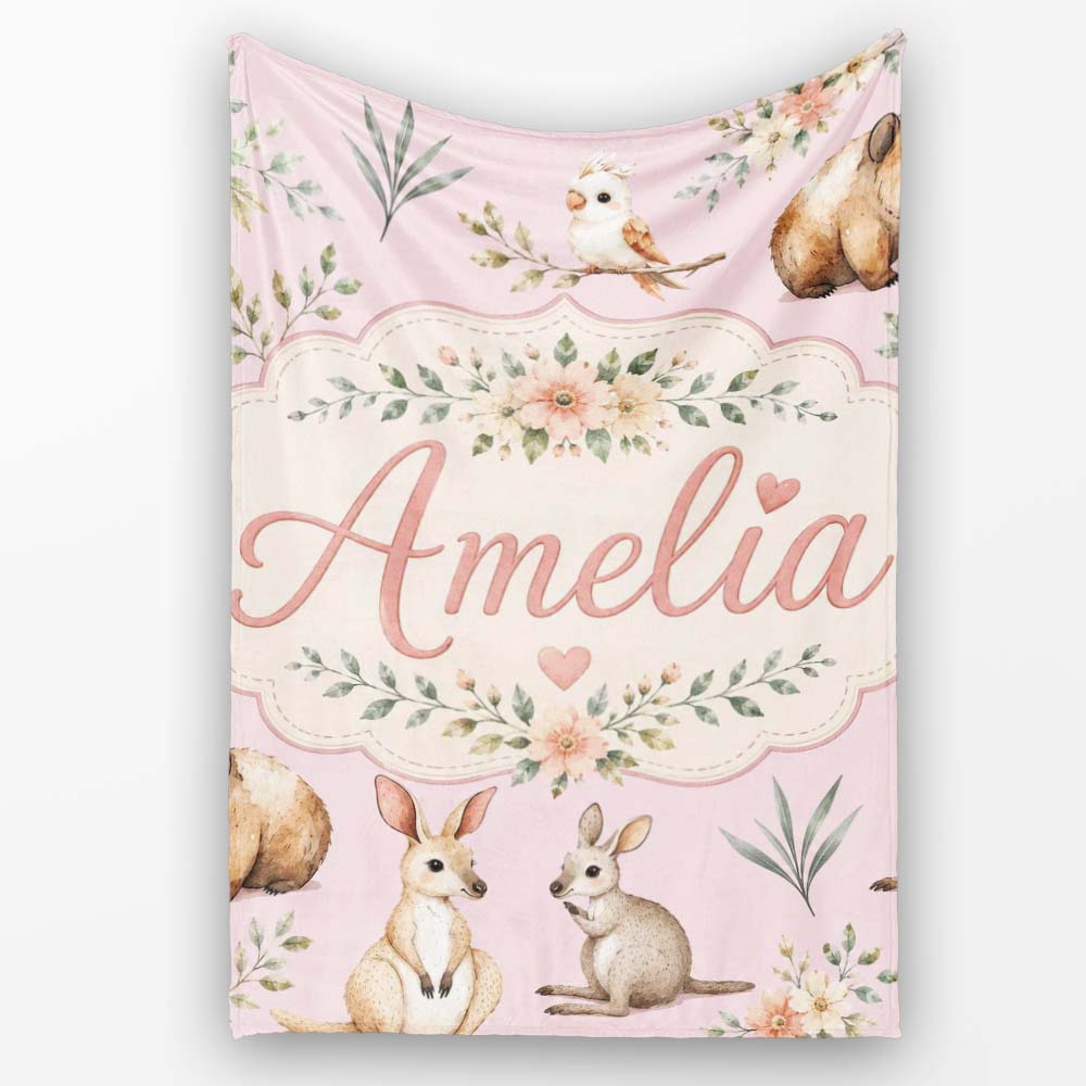 Cute Woodland Animals Koala Kangaroo Bear Floral Pattern Mauve  Personalised Custom Name Super Soft Fleece Blanket Bed Sofa Throw
