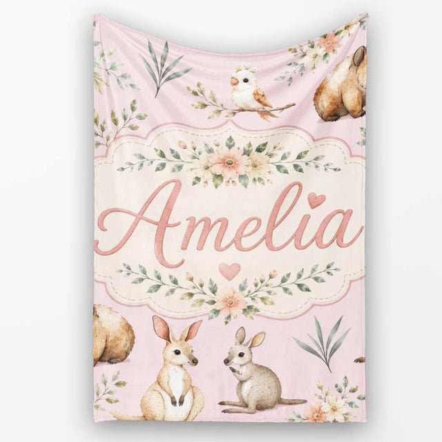 Cute Woodland Animals Koala Kangaroo Bear Floral Pattern Mauve  Personalised Custom Name Super Soft Fleece Blanket Bed Sofa Throw
