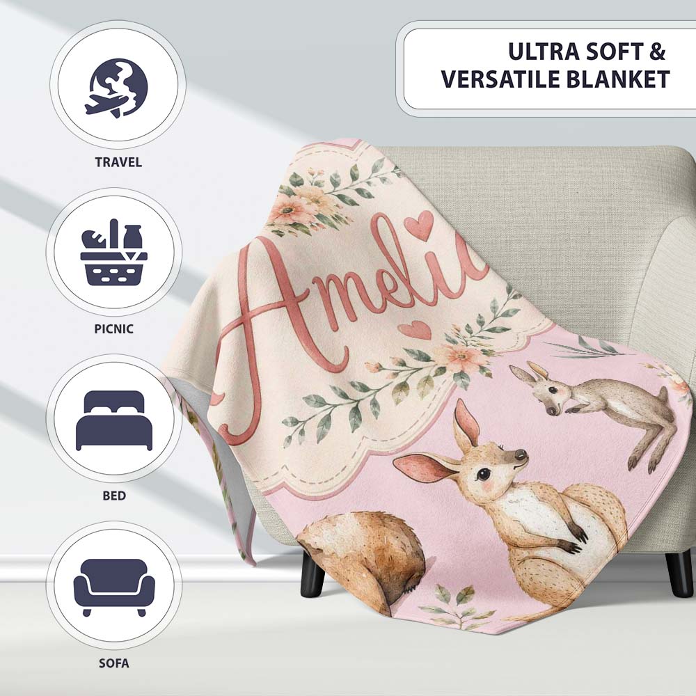 Cute Woodland Animals Koala Kangaroo Bear Floral Pattern Mauve  Personalised Custom Name Super Soft Fleece Blanket Bed Sofa Throw