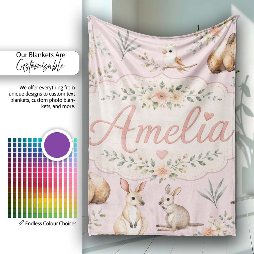 Cute Woodland Animals Koala Kangaroo Bear Floral Pattern Mauve  Personalised Custom Name Super Soft Fleece Blanket Bed Sofa Throw