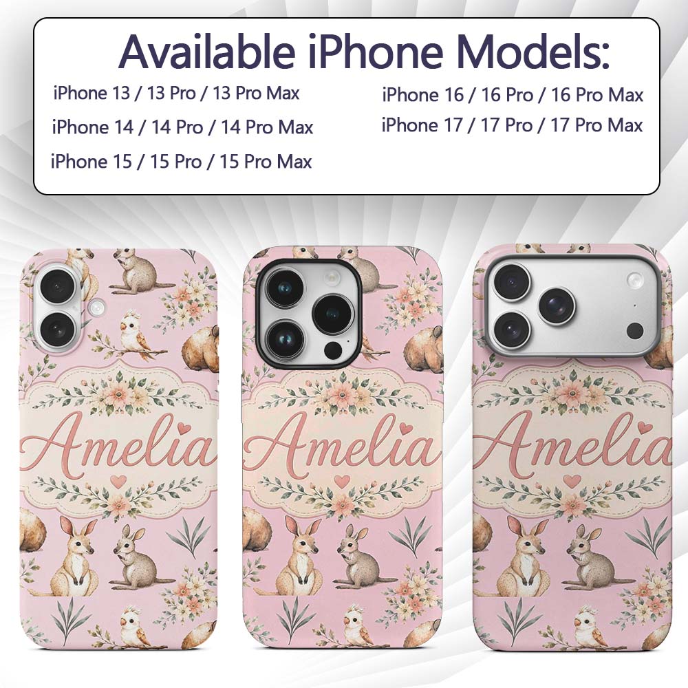 Cute Woodland Animals Koala Kangaroo Bear Floral Custom Name Protective Phone Case Mobile Cover Durable Everyday Smartphone Shock Resistant