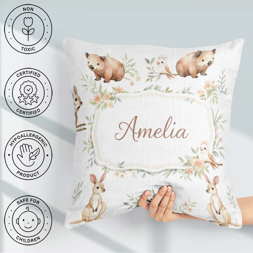 Custom Name Cute Safari Animals Lion Giraffe Zebra Pattern Black Square Filled Cushion Throw Pillow Sofa Bed Home Decor Zip Washable UK Made
