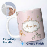 Personalized Custom Name Safari Animals Giraffe Lion Zebra on Blush Pink Seamless Pattern 11oz Ceramic Coffee Tea Mug White Large Handle
