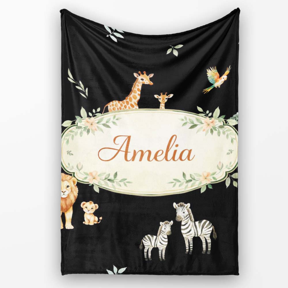 Cute Safari Animals Lion Giraffe Zebra Elephant Pattern Brown Lovely  Personalised Custom Name Super Soft Fleece Blanket Bed Sofa Throw