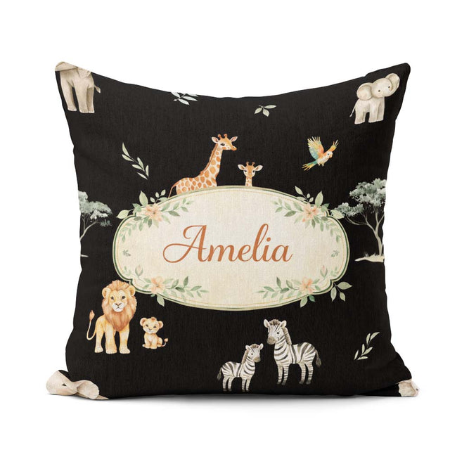 Custom Name Cute Safari Animals Lion Giraffe Zebra Pattern Brown Square Filled Cushion Throw Pillow Sofa Bed Home Decor Zip Washable UK Made