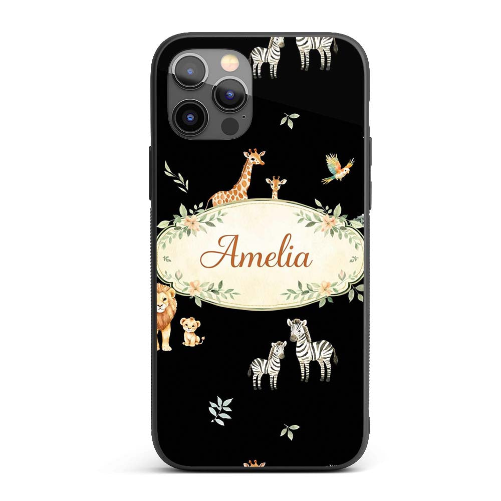 Cute Safari Animals Lion Giraffe Zebra Elephant Custom Name Protective Phone Case Mobile Cover Durable Everyday Smartphone Shock Resistant