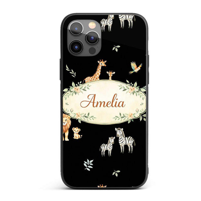 Cute Safari Animals Lion Giraffe Zebra Elephant Custom Name Protective Phone Case Mobile Cover Durable Everyday Smartphone Shock Resistant