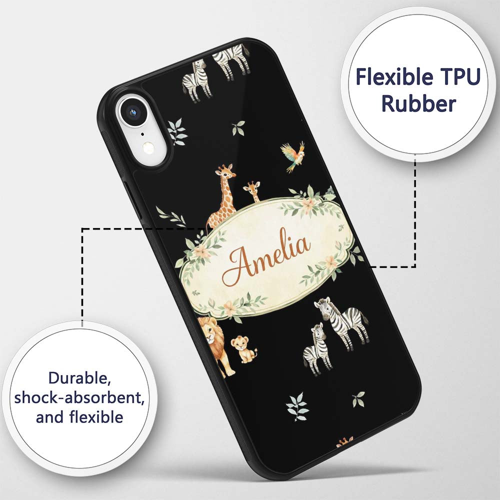 Cute Safari Animals Lion Giraffe Zebra Elephant Custom Name Protective Phone Case Mobile Cover Durable Everyday Smartphone Shock Resistant