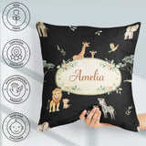 Custom Name Cute Safari Animals Lion Giraffe Zebra Pattern Brown Square Filled Cushion Throw Pillow Sofa Bed Home Decor Zip Washable UK Made
