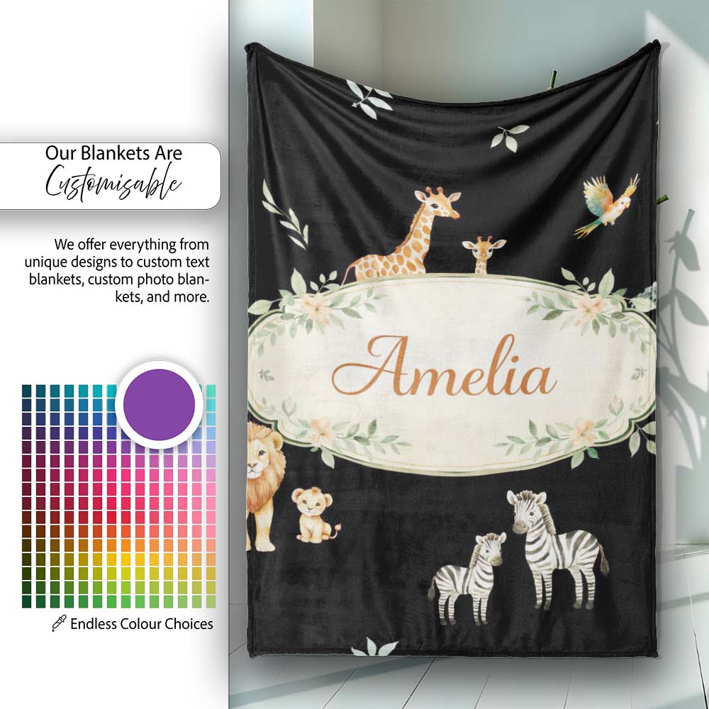 Cute Safari Animals Lion Giraffe Zebra Elephant Pattern Brown Lovely  Personalised Custom Name Super Soft Fleece Blanket Bed Sofa Throw