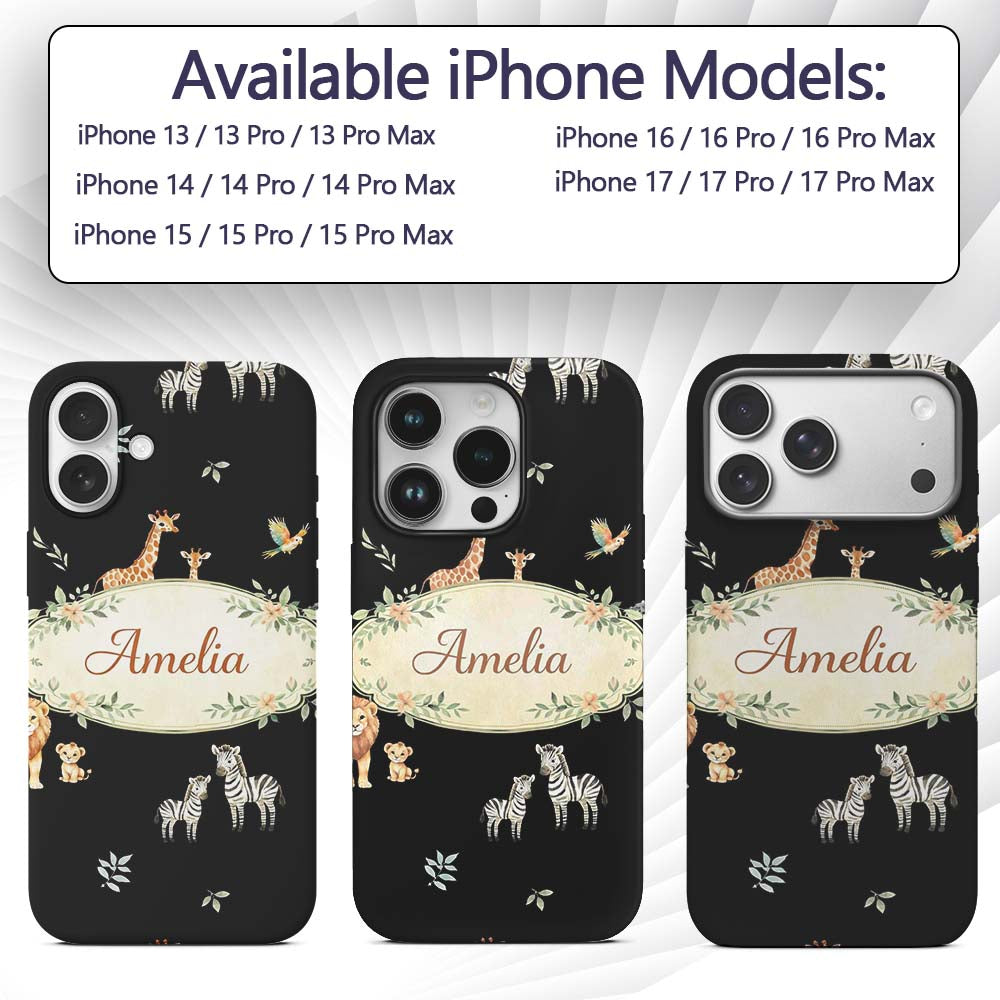 Cute Safari Animals Lion Giraffe Zebra Elephant Custom Name Protective Phone Case Mobile Cover Durable Everyday Smartphone Shock Resistant