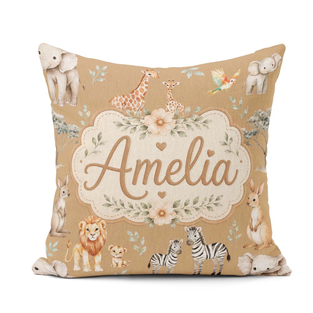 Custom Name Cute Safari Animals Lion Giraffe Zebra Pattern Cream Square Filled Cushion Throw Pillow Sofa Bed Home Decor Zip Washable UK Made
