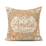 Custom Name Cute Safari Animals Lion Giraffe Zebra Pattern Cream Square Filled Cushion Throw Pillow Sofa Bed Home Decor Zip Washable UK Made