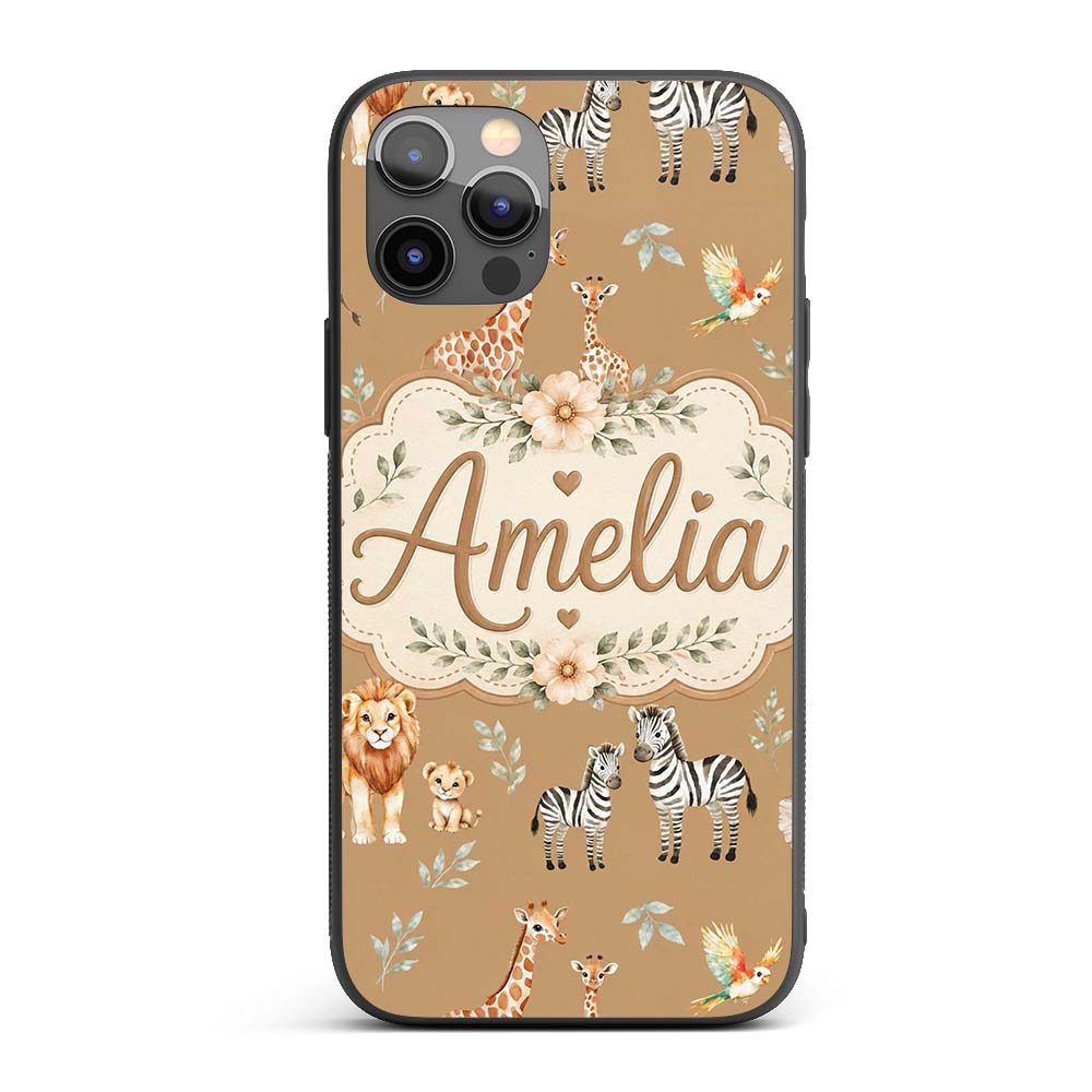Cute Safari Animals Lion Giraffe Zebra Elephant Custom Name Protective Phone Case Mobile Cover Durable Everyday Smartphone Shock Resistant