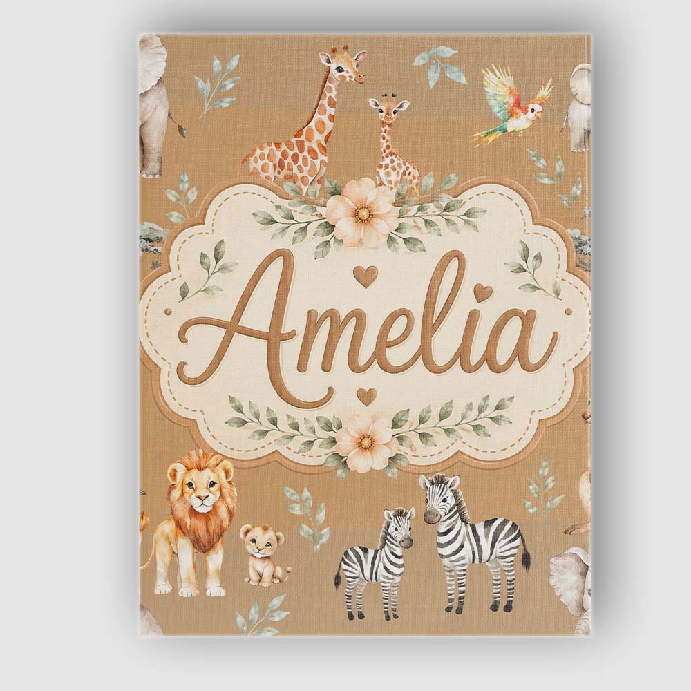 Personalised Name Cute Safari Animals Lion Custom  Unique Gift Idea Elegant Feature Canvas Wall Art Print Decor Picture Ready to Hang