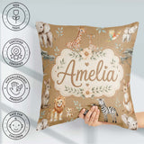 Custom Name Cute Safari Animals Lion Giraffe Zebra Pattern Cream Square Filled Cushion Throw Pillow Sofa Bed Home Decor Zip Washable UK Made