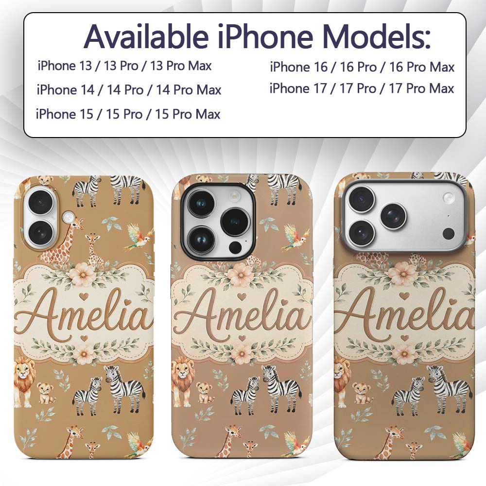 Cute Safari Animals Lion Giraffe Zebra Elephant Custom Name Protective Phone Case Mobile Cover Durable Everyday Smartphone Shock Resistant