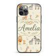 Cute Safari Animals Lion Giraffe Zebra Elephant Custom Name Protective Phone Case Mobile Cover Durable Everyday Smartphone Shock Resistant