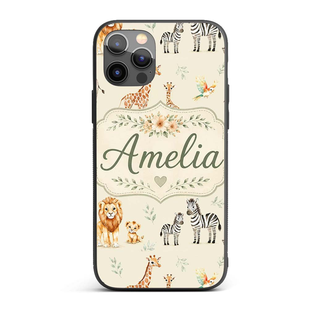Cute Safari Animals Lion Giraffe Zebra Elephant Custom Name Protective Phone Case Mobile Cover Durable Everyday Smartphone Shock Resistant
