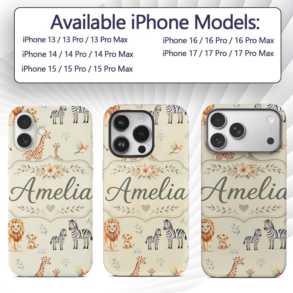Cute Safari Animals Lion Giraffe Zebra Elephant Custom Name Protective Phone Case Mobile Cover Durable Everyday Smartphone Shock Resistant
