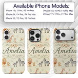 Cute Safari Animals Lion Giraffe Zebra Elephant Custom Name Protective Phone Case Mobile Cover Durable Everyday Smartphone Shock Resistant
