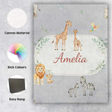 Personalised Name Cute Safari Animals Custom Modern Room Accent Creative Decorator Style Canvas Wall Art Print Decor Picture Ready to Hang